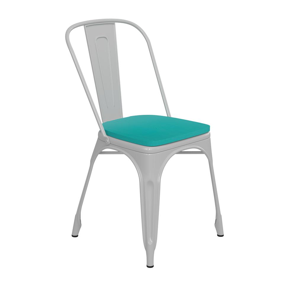White Metal Indoor-Outdoor Stackable Chair with Mint Green Poly Resin Wood Seat. Picture 2