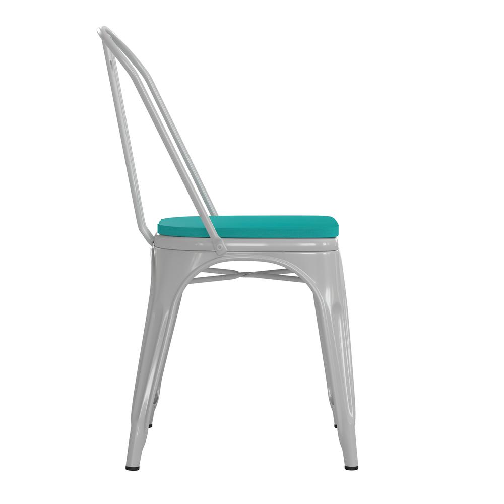 White Metal Indoor-Outdoor Stackable Chair with Mint Green Poly Resin Wood Seat. Picture 10