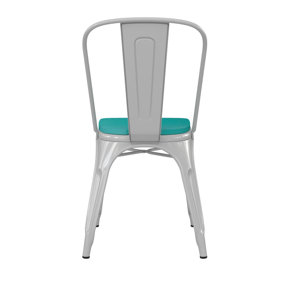 White Metal Indoor-Outdoor Stackable Chair with Mint Green Poly Resin Wood Seat. Picture 9