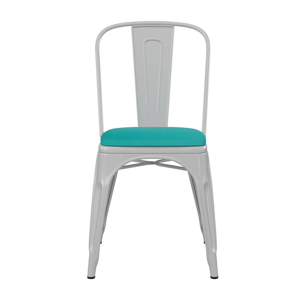 White Metal Indoor-Outdoor Stackable Chair with Mint Green Poly Resin Wood Seat. Picture 11