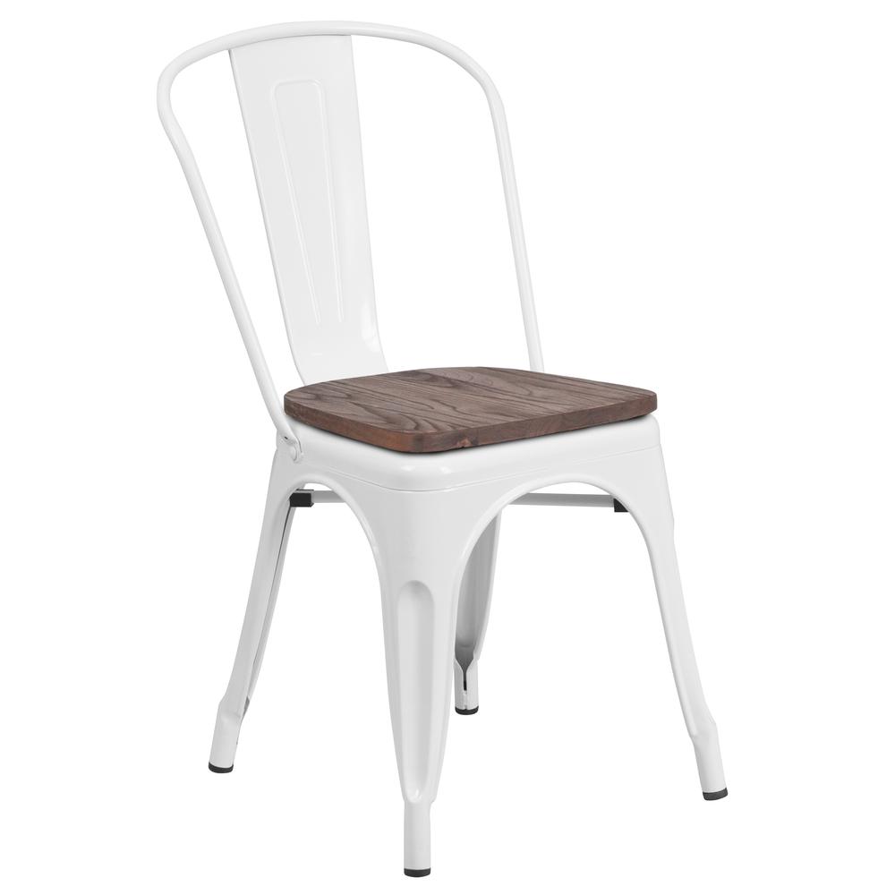 White Metal Stackable Chair with Wood Seat. Picture 1