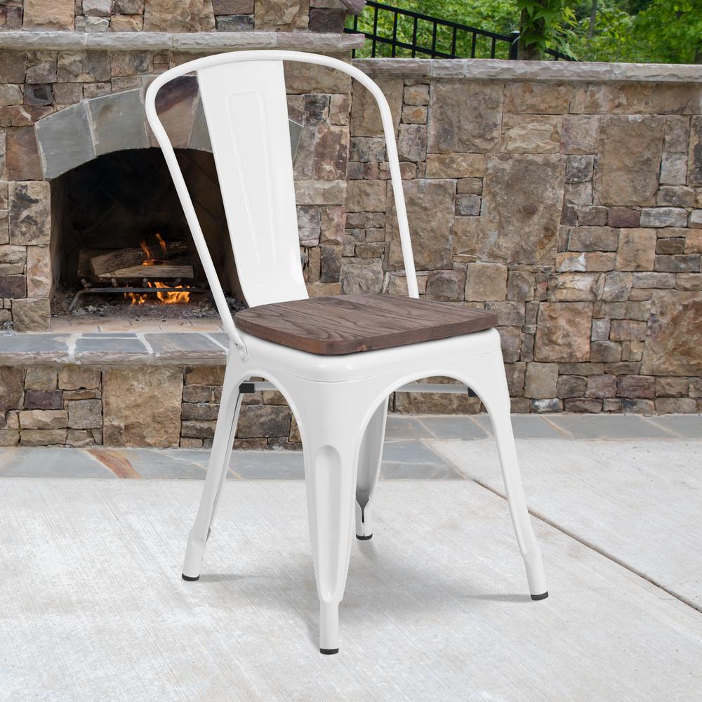 White Metal Stackable Chair with Wood Seat. Picture 6