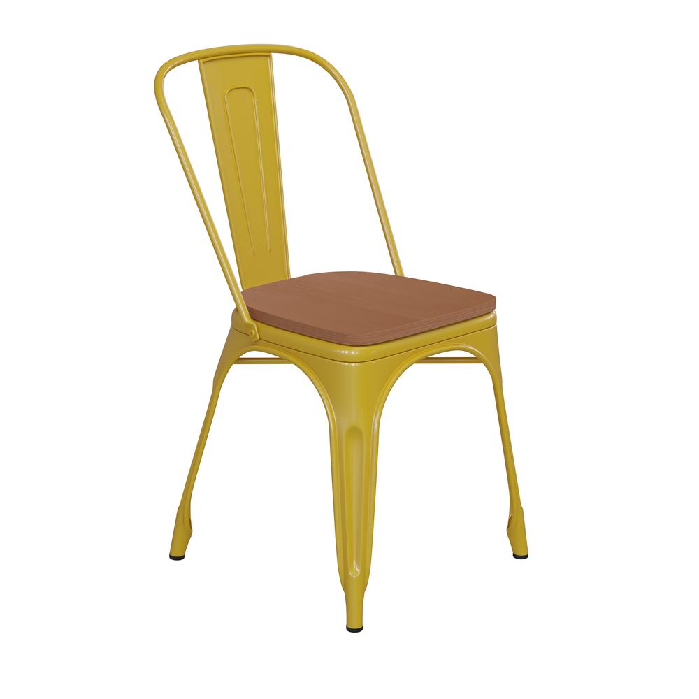 Yellow Metal Indoor-Outdoor Stackable Chair with Teak Poly Resin Wood Seat. Picture 2
