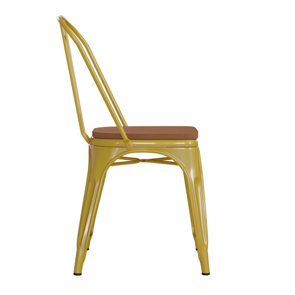 Yellow Metal Indoor-Outdoor Stackable Chair with Teak Poly Resin Wood Seat. Picture 10