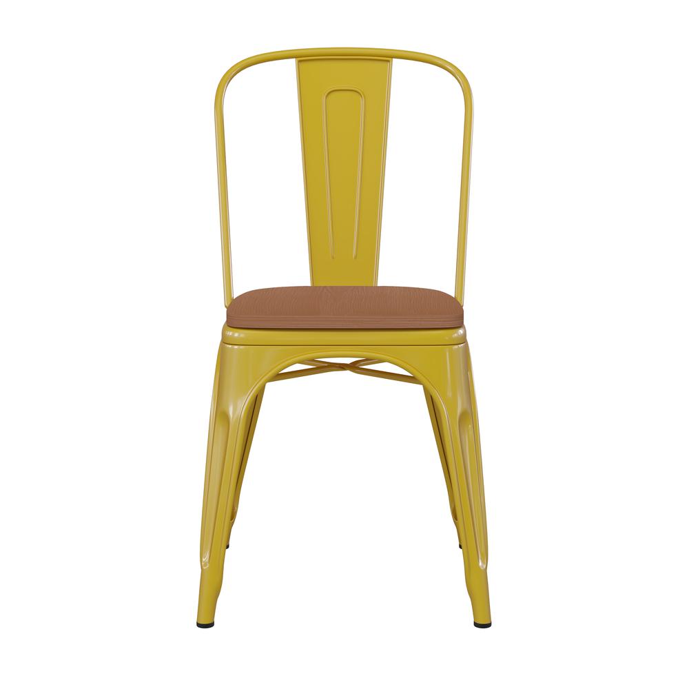 Yellow Metal Indoor-Outdoor Stackable Chair with Teak Poly Resin Wood Seat. Picture 11
