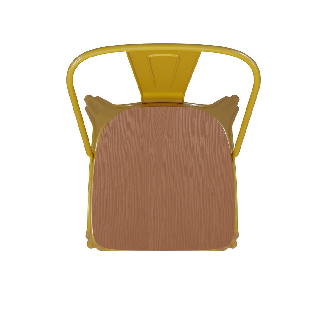 Yellow Metal Indoor-Outdoor Stackable Chair with Teak Poly Resin Wood Seat. Picture 12