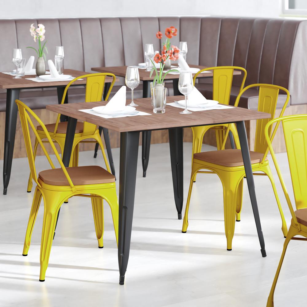 Yellow Metal Indoor-Outdoor Stackable Chair with Teak Poly Resin Wood Seat. Picture 1