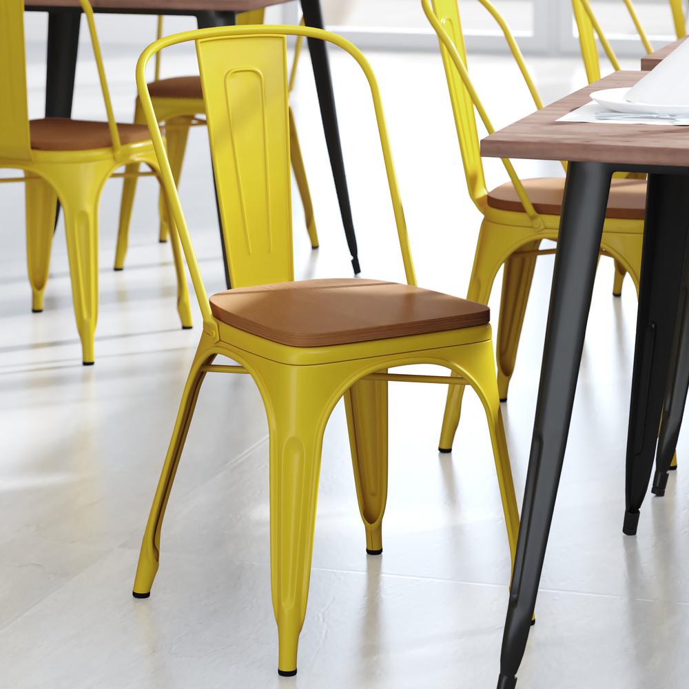 Yellow Metal Indoor-Outdoor Stackable Chair with Teak Poly Resin Wood Seat. Picture 7