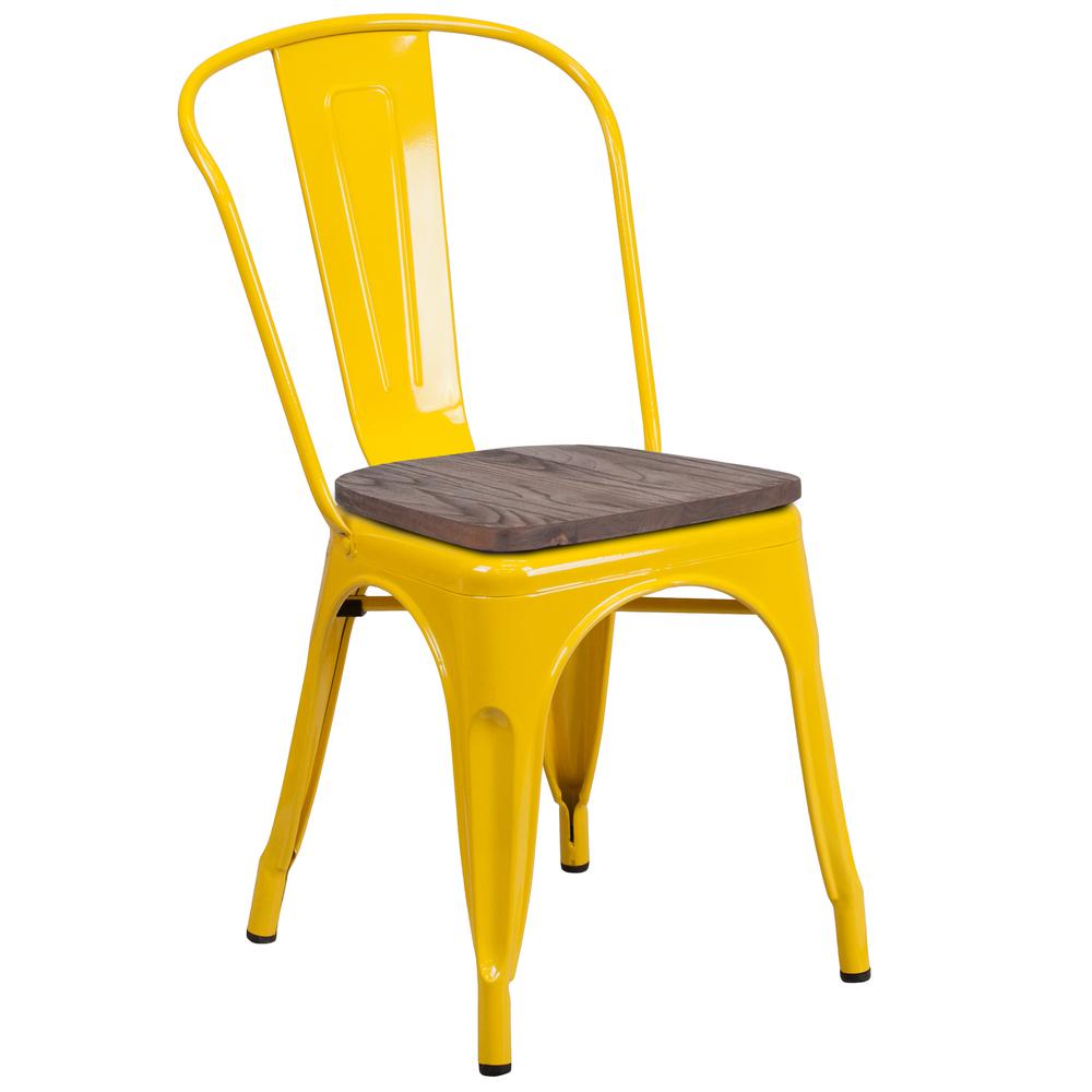 Yellow Metal Stackable Chair with Wood Seat. Picture 1