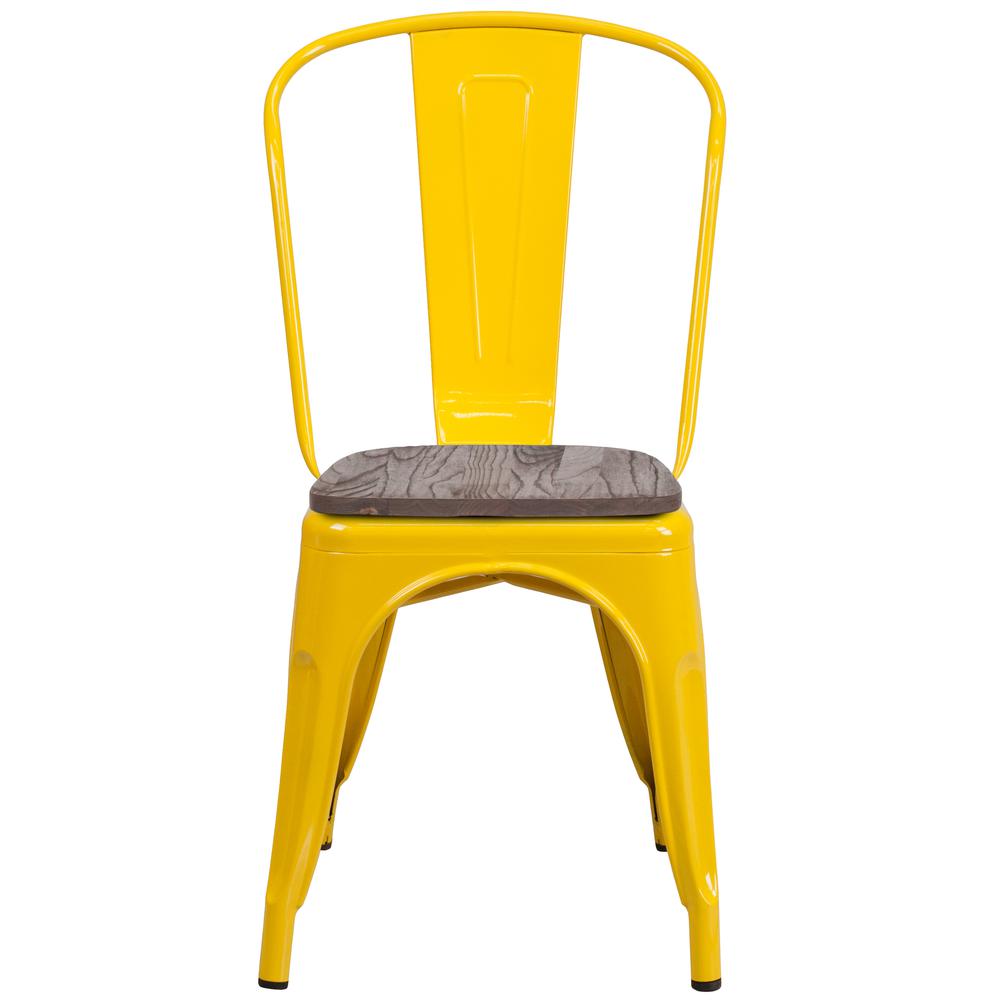 Yellow Metal Stackable Chair with Wood Seat. Picture 4