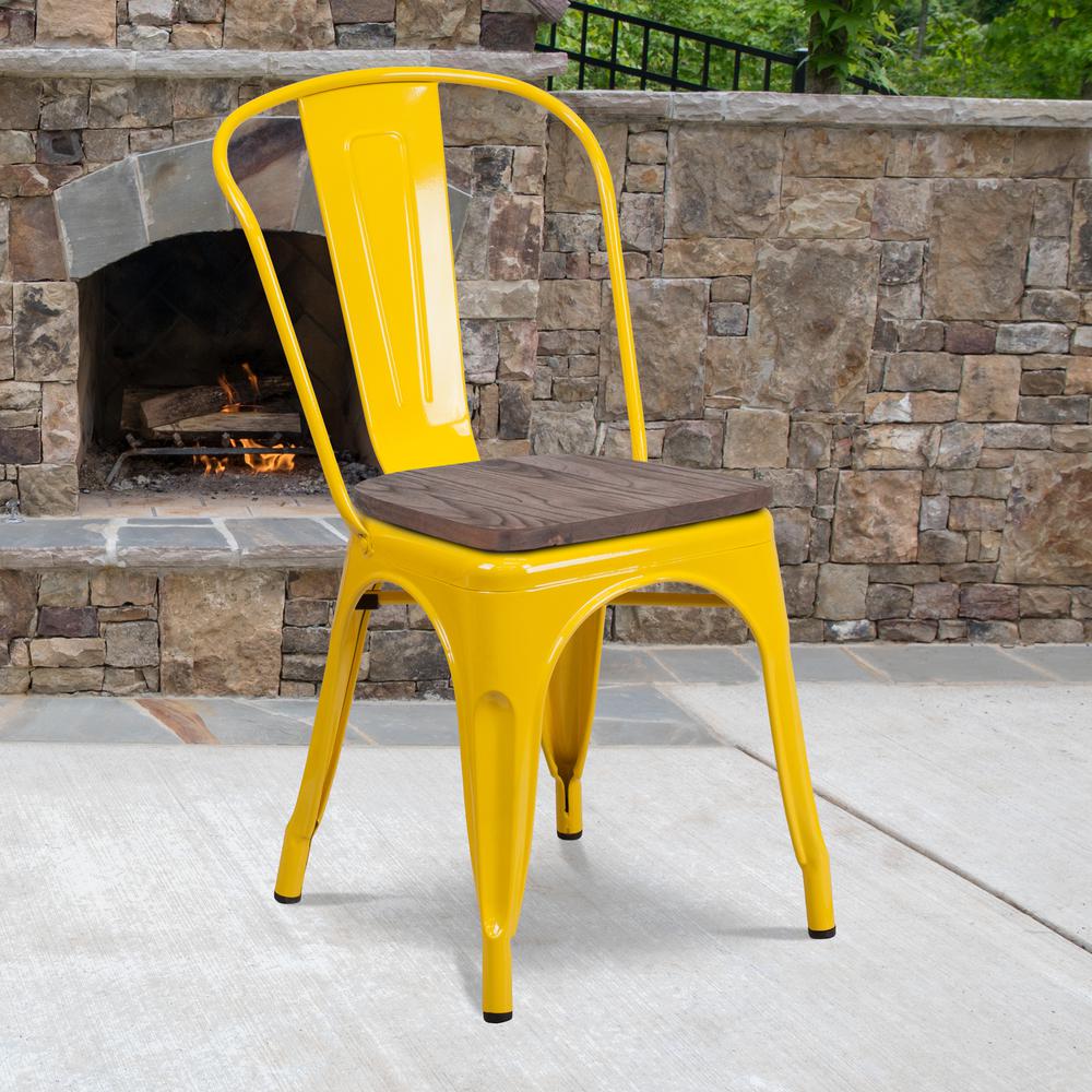 Yellow Metal Stackable Chair with Wood Seat. Picture 5