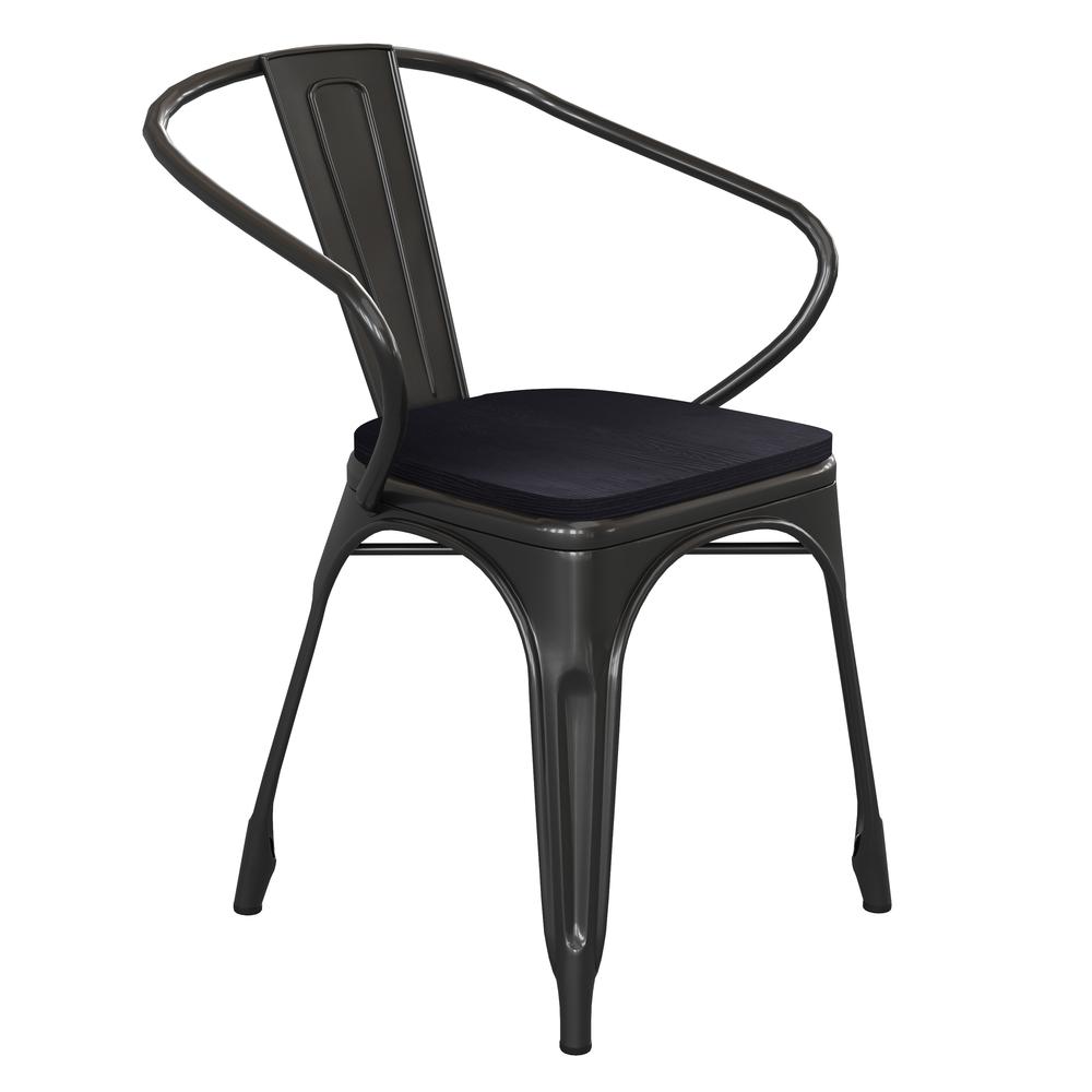 Black Metal Indoor-Outdoor Chair with Arms with Black Poly Resin Wood Seat. Picture 2
