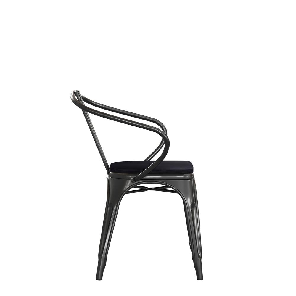 Black Metal Indoor-Outdoor Chair with Arms with Black Poly Resin Wood Seat. Picture 10