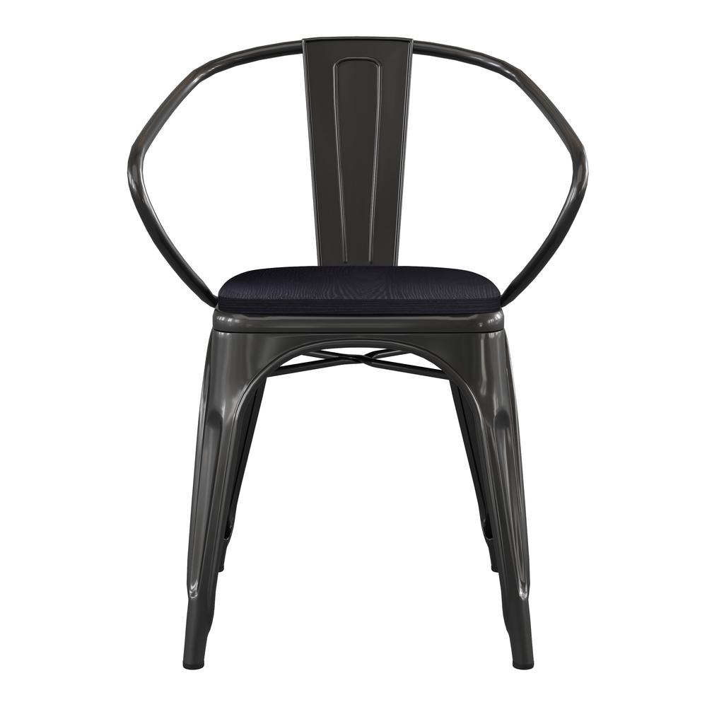 Black Metal Indoor-Outdoor Chair with Arms with Black Poly Resin Wood Seat. Picture 11