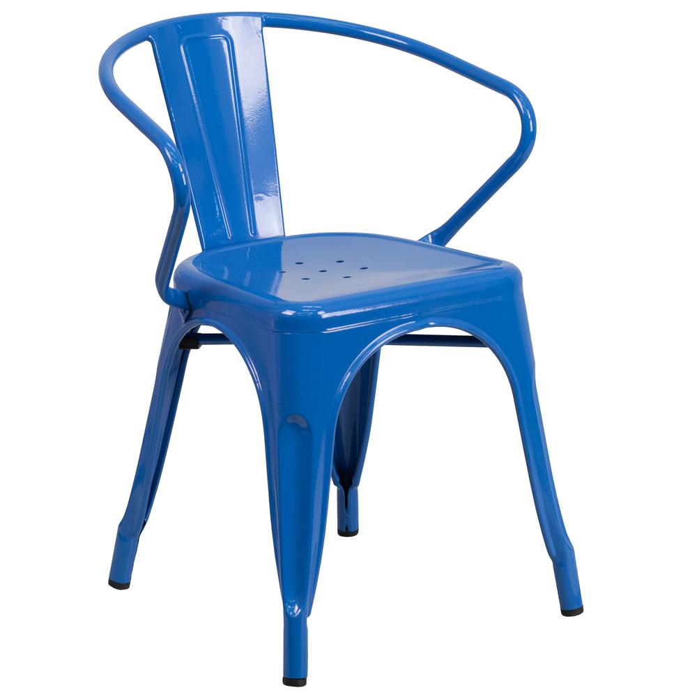 Commercial Grade Blue Metal Indoor-Outdoor Chair with Arms. Picture 1