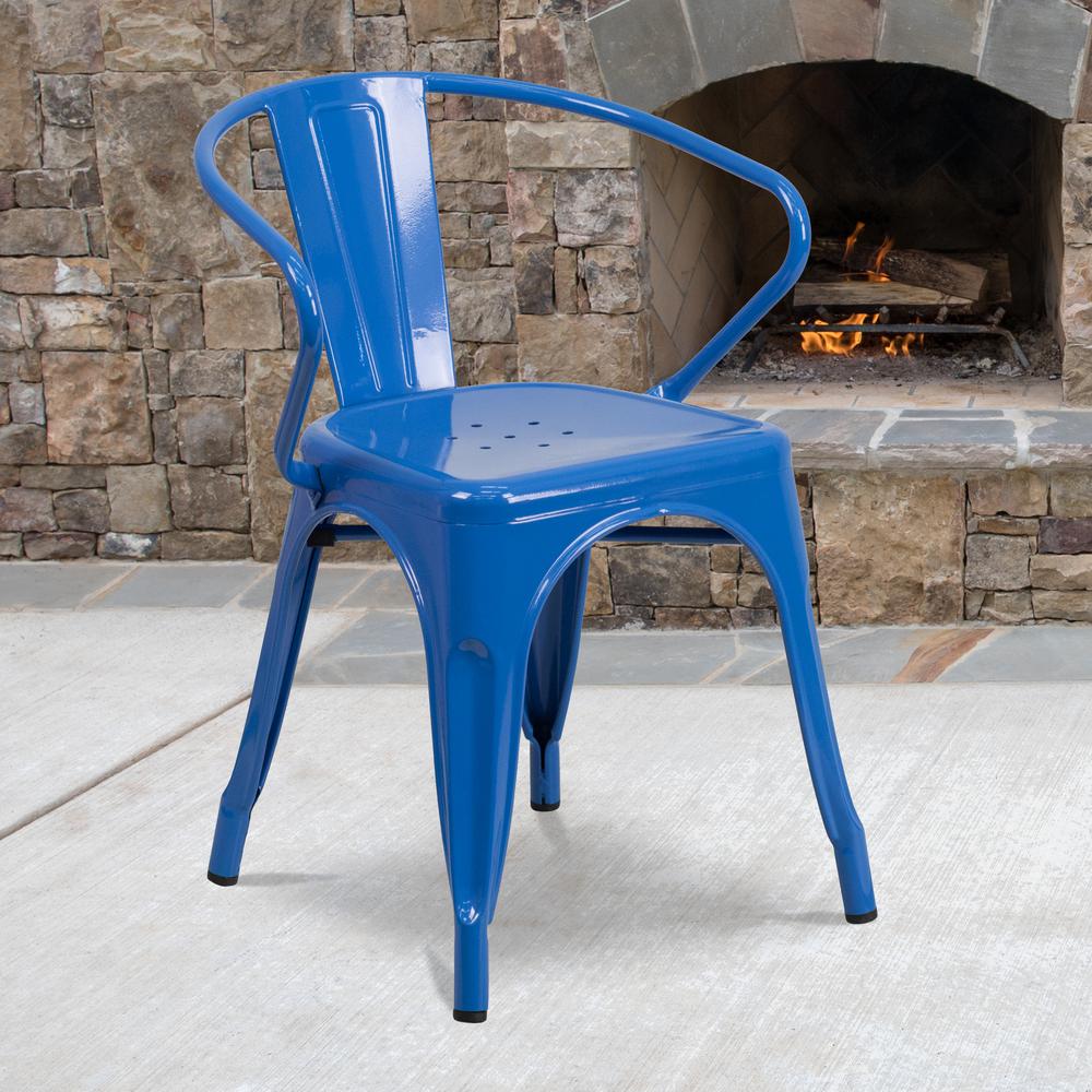 Commercial Grade Blue Metal Indoor-Outdoor Chair with Arms. Picture 5