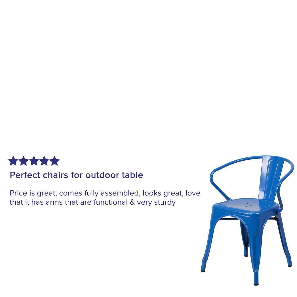 Commercial Grade Blue Metal Indoor-Outdoor Chair with Arms. Picture 6