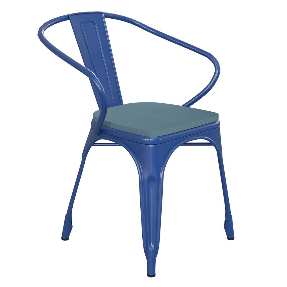 Blue Metal Indoor-Outdoor Chair with Arms with Teal-Blue Poly Resin Wood Seat. Picture 2