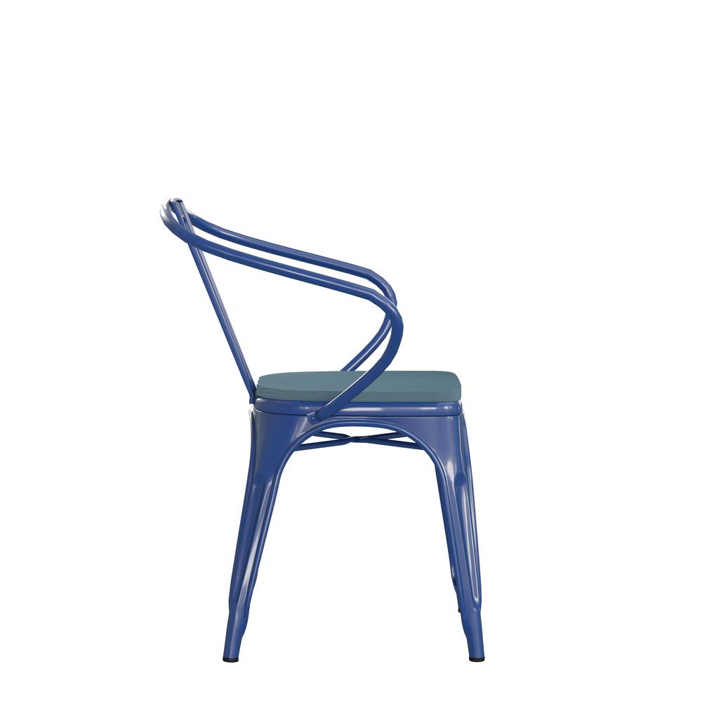 Blue Metal Indoor-Outdoor Chair with Arms with Teal-Blue Poly Resin Wood Seat. Picture 10