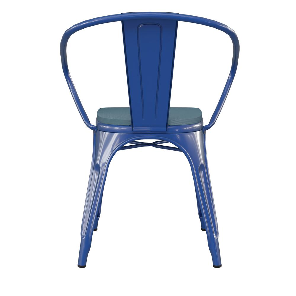 Blue Metal Indoor-Outdoor Chair with Arms with Teal-Blue Poly Resin Wood Seat. Picture 9