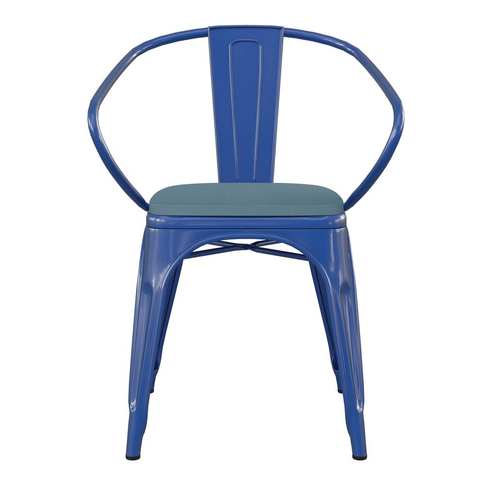Blue Metal Indoor-Outdoor Chair with Arms with Teal-Blue Poly Resin Wood Seat. Picture 11
