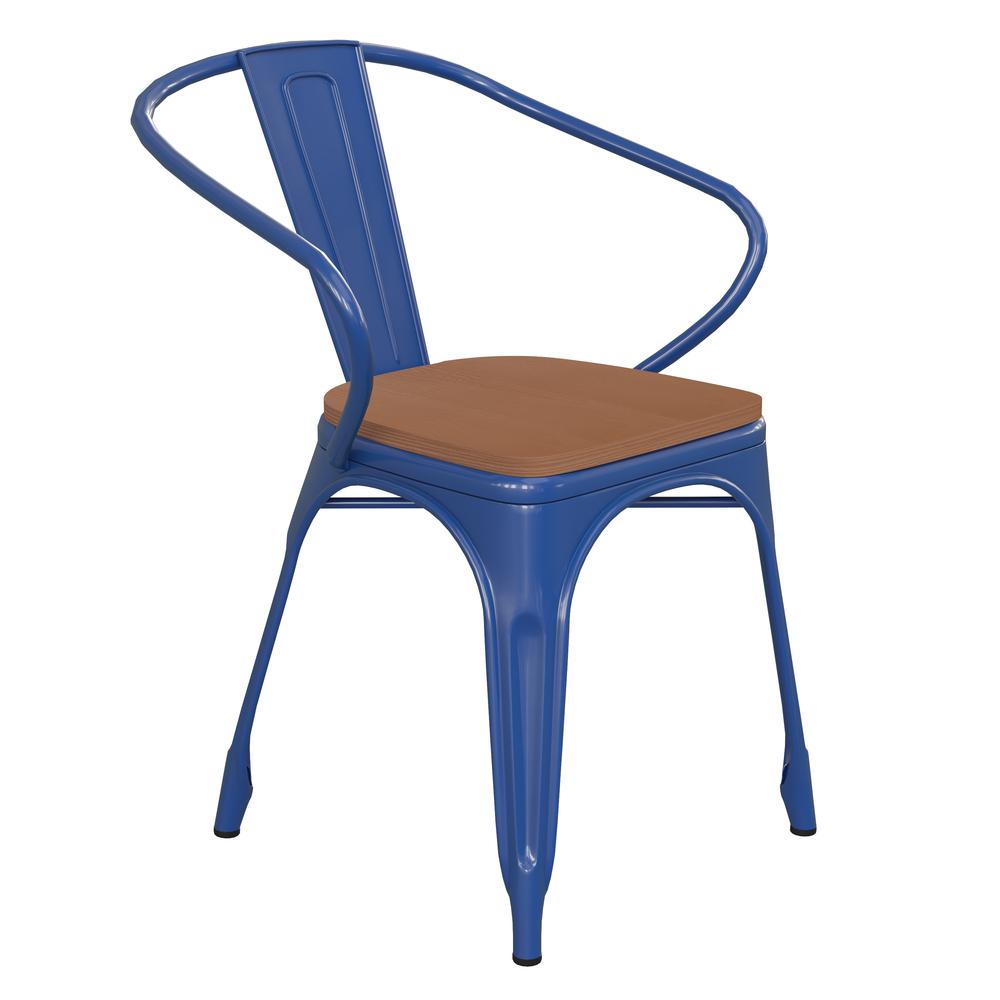 Blue Metal Indoor-Outdoor Chair with Arms with Teak Poly Resin Wood Seat. Picture 2