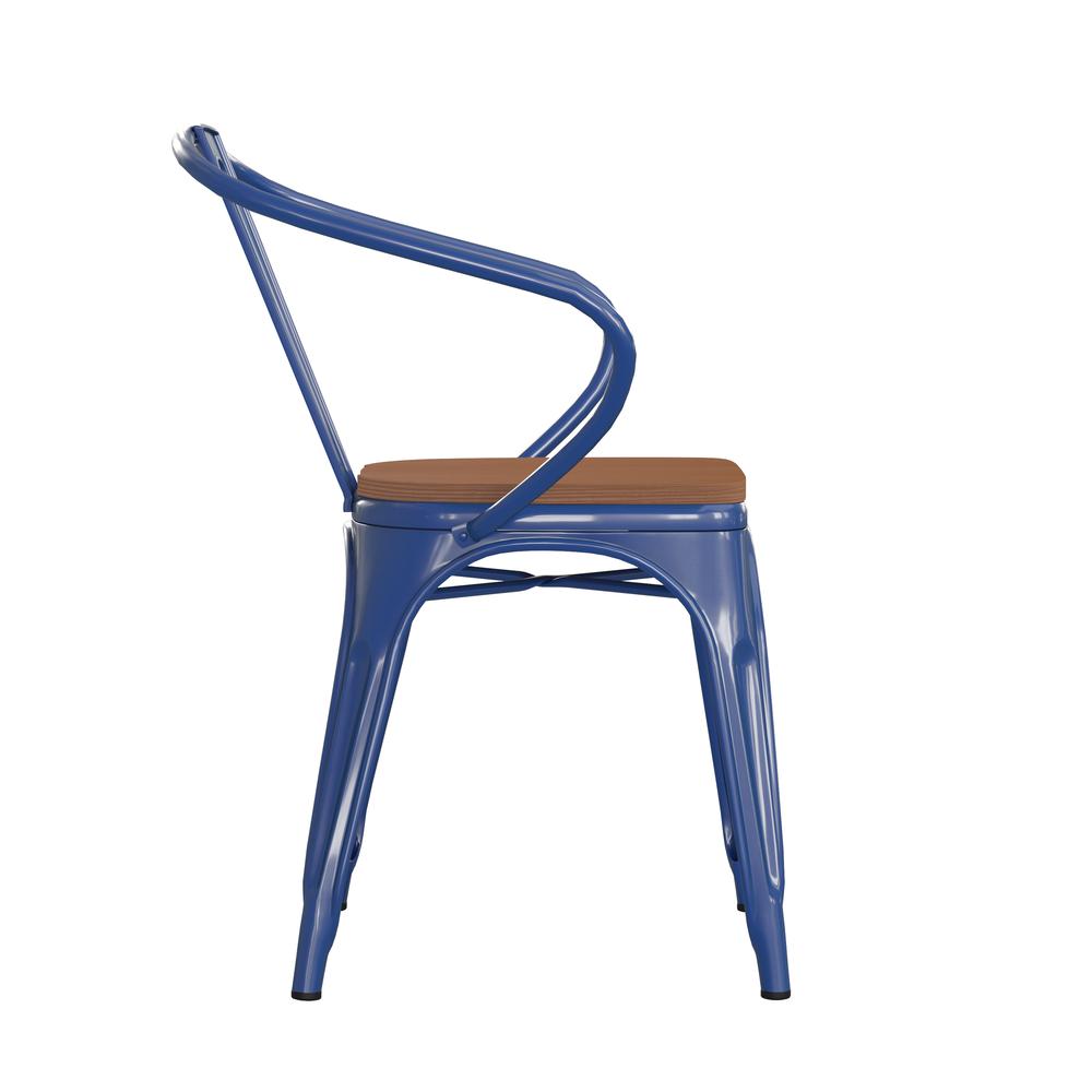 Blue Metal Indoor-Outdoor Chair with Arms with Teak Poly Resin Wood Seat. Picture 10