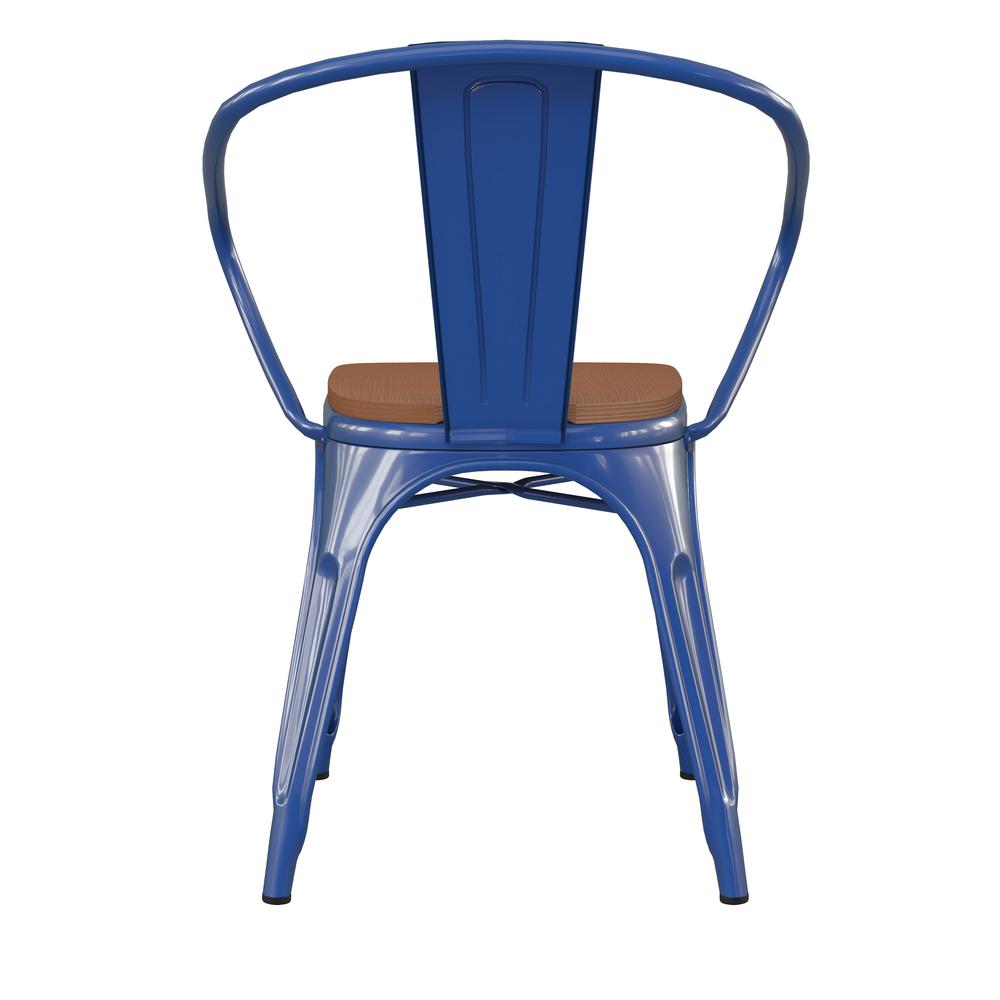 Blue Metal Indoor-Outdoor Chair with Arms with Teak Poly Resin Wood Seat. Picture 9