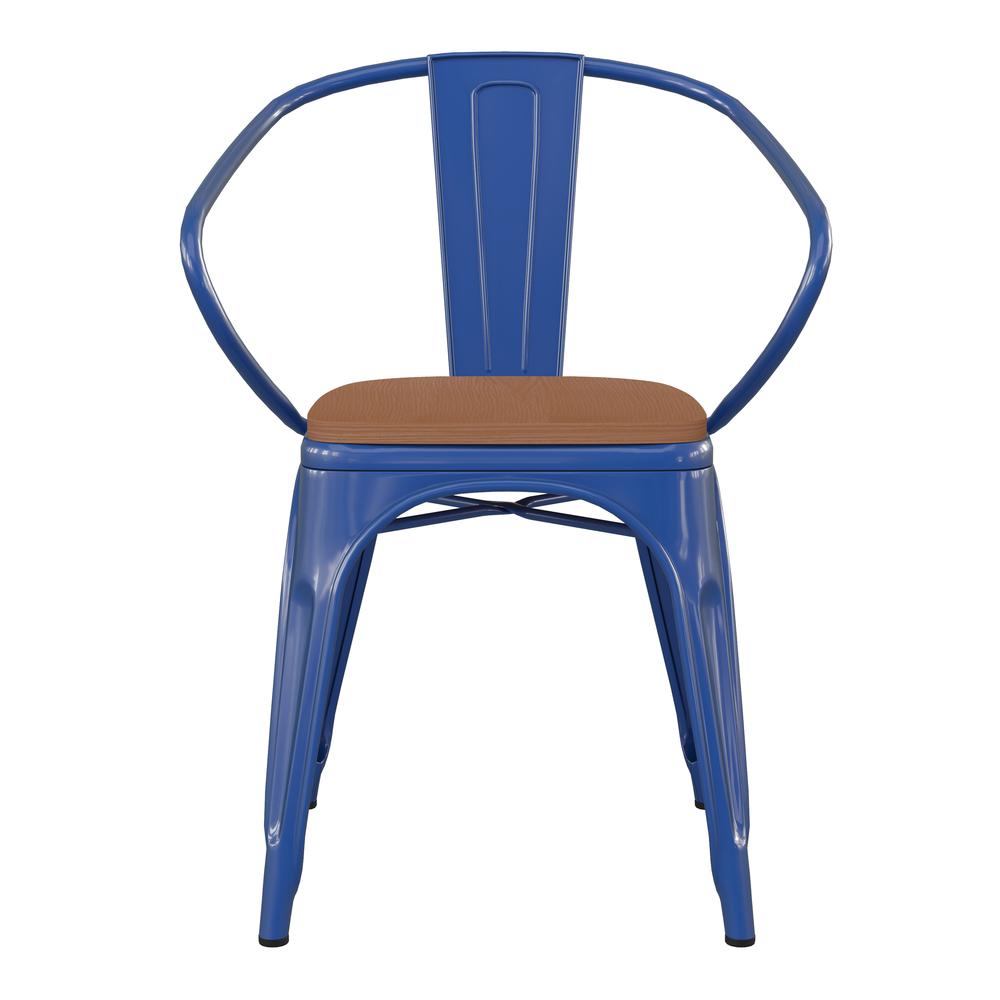 Blue Metal Indoor-Outdoor Chair with Arms with Teak Poly Resin Wood Seat. Picture 11