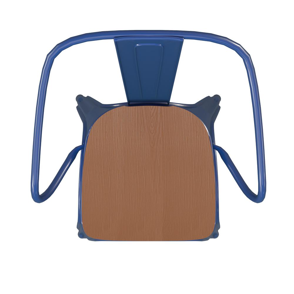 Blue Metal Indoor-Outdoor Chair with Arms with Teak Poly Resin Wood Seat. Picture 12