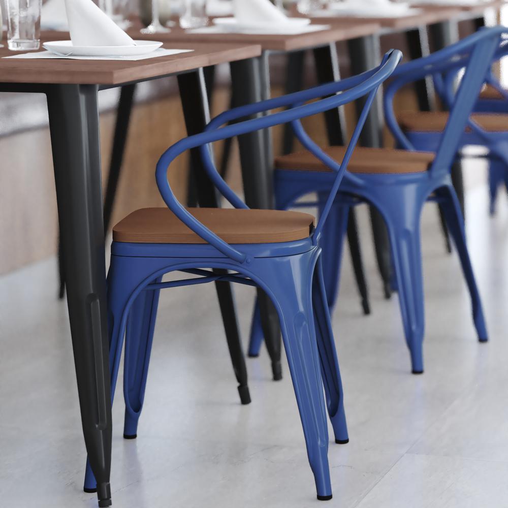 Blue Metal Indoor-Outdoor Chair with Arms with Teak Poly Resin Wood Seat. Picture 8