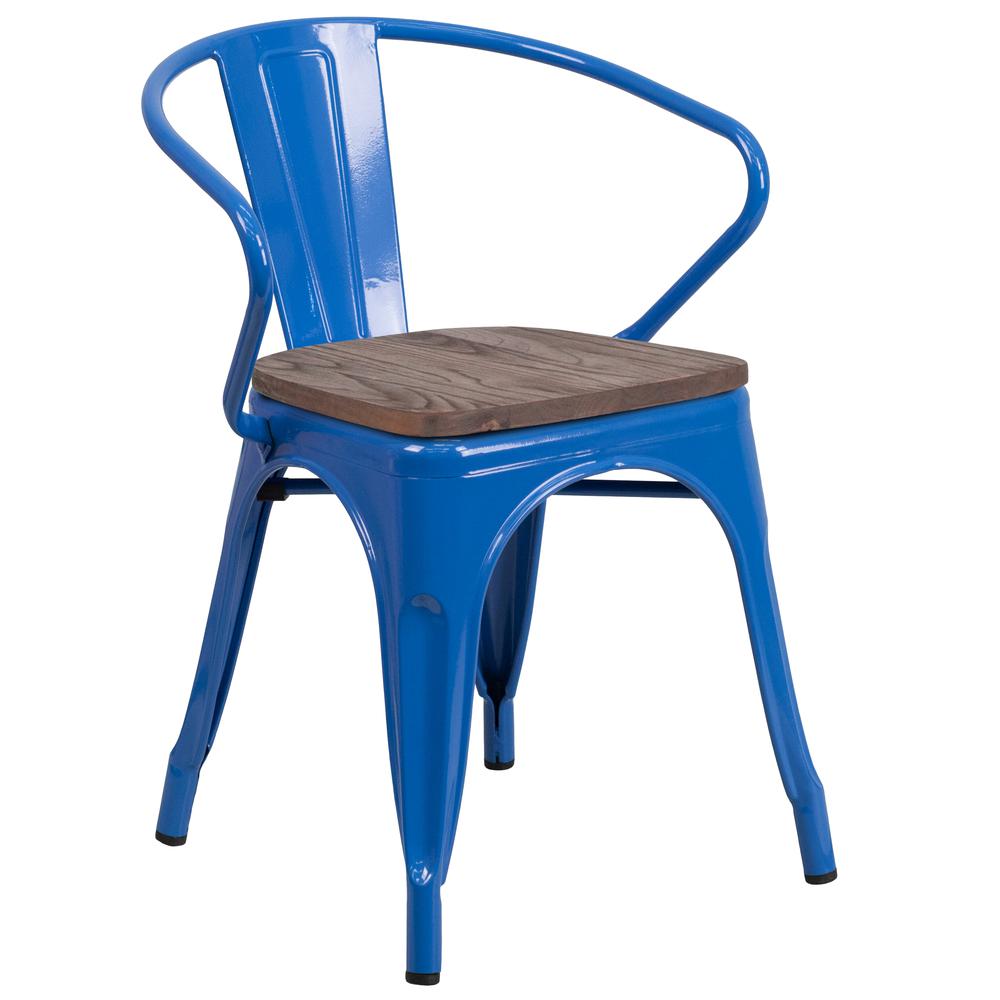 Blue Metal Chair with Wood Seat and Arms. Picture 1