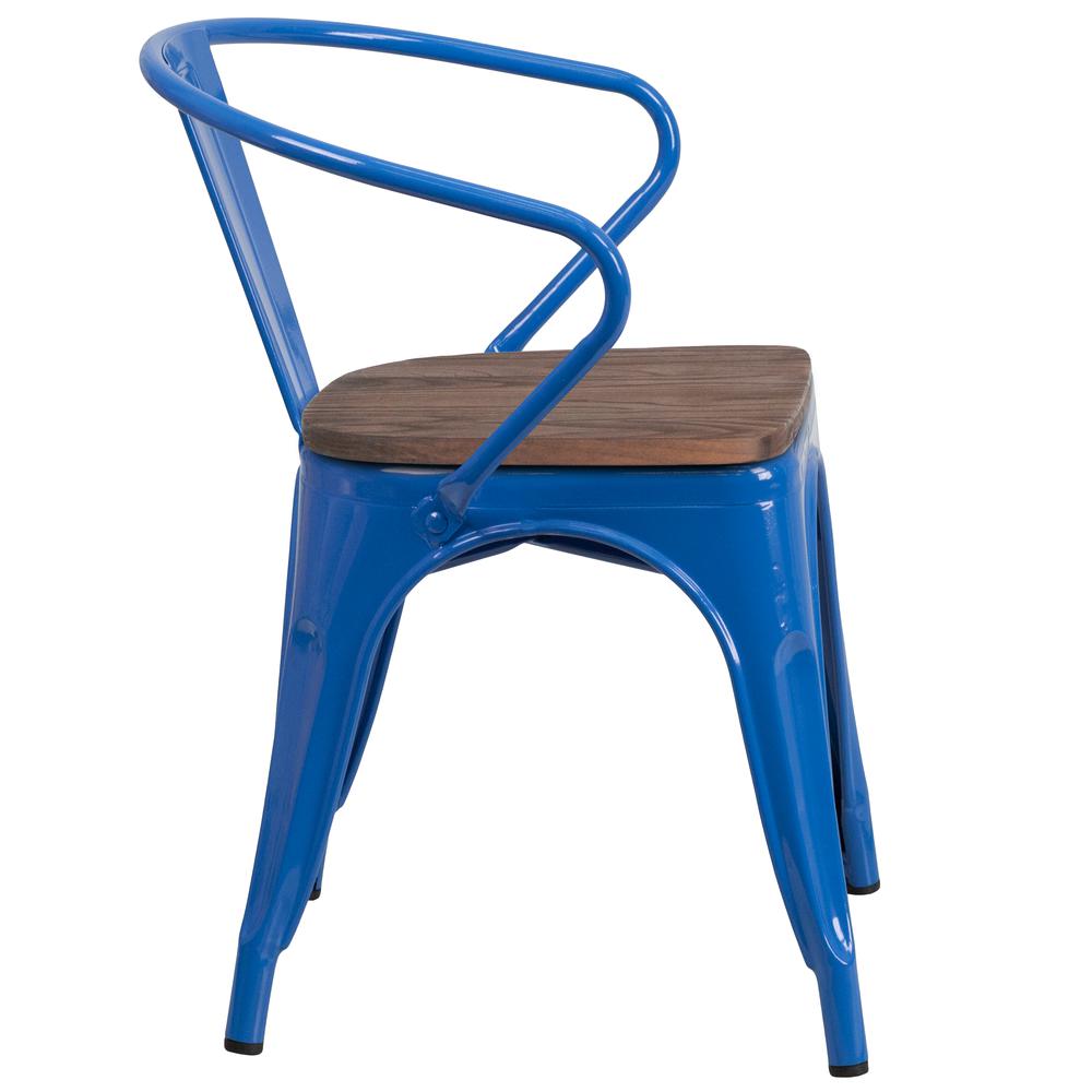 Blue Metal Chair with Wood Seat and Arms. Picture 2