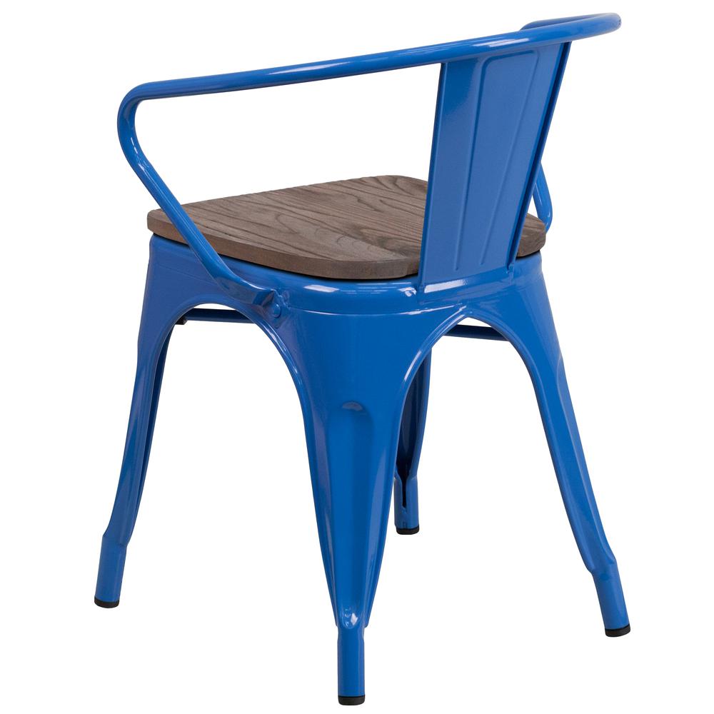 Blue Metal Chair with Wood Seat and Arms. Picture 3