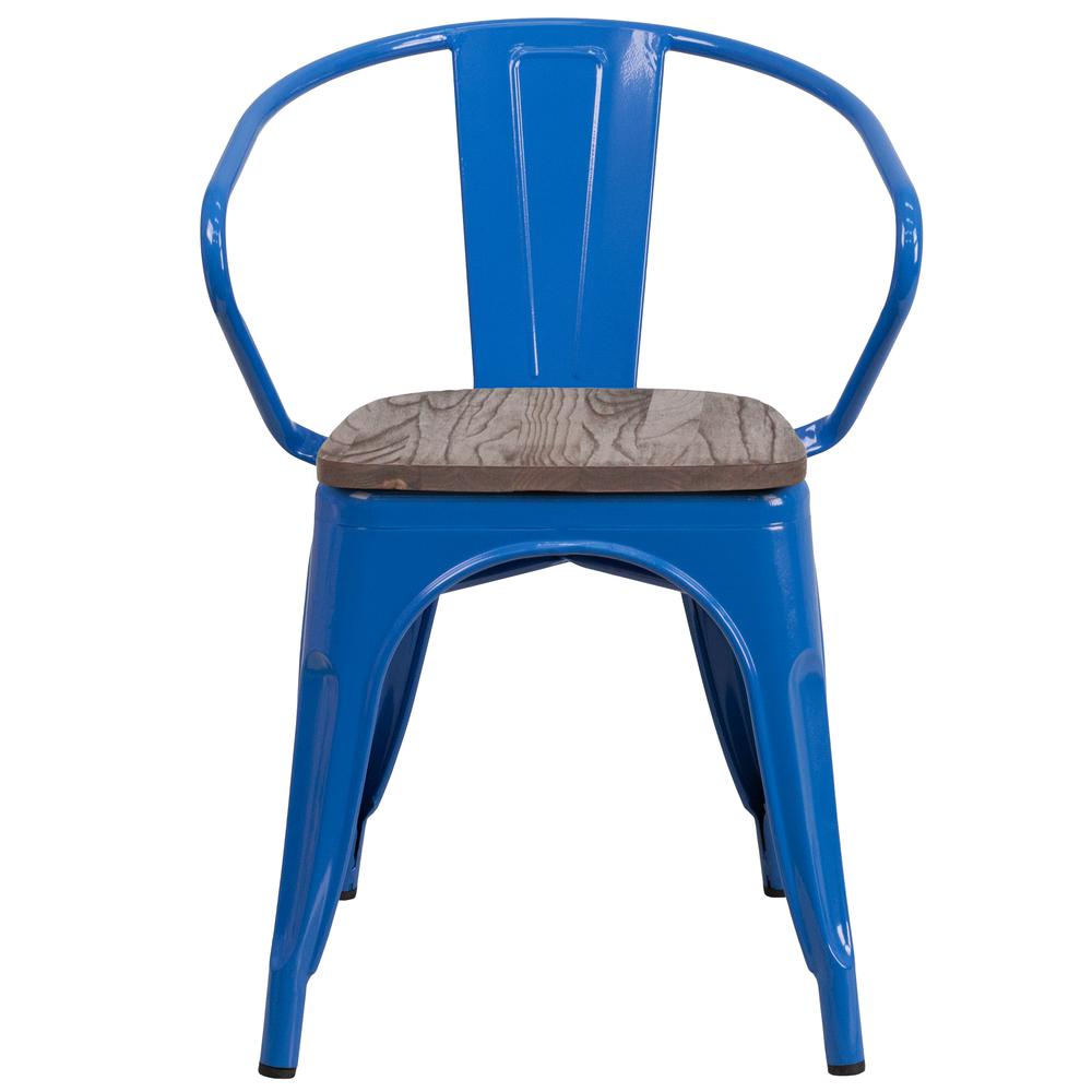 Blue Metal Chair with Wood Seat and Arms. Picture 4