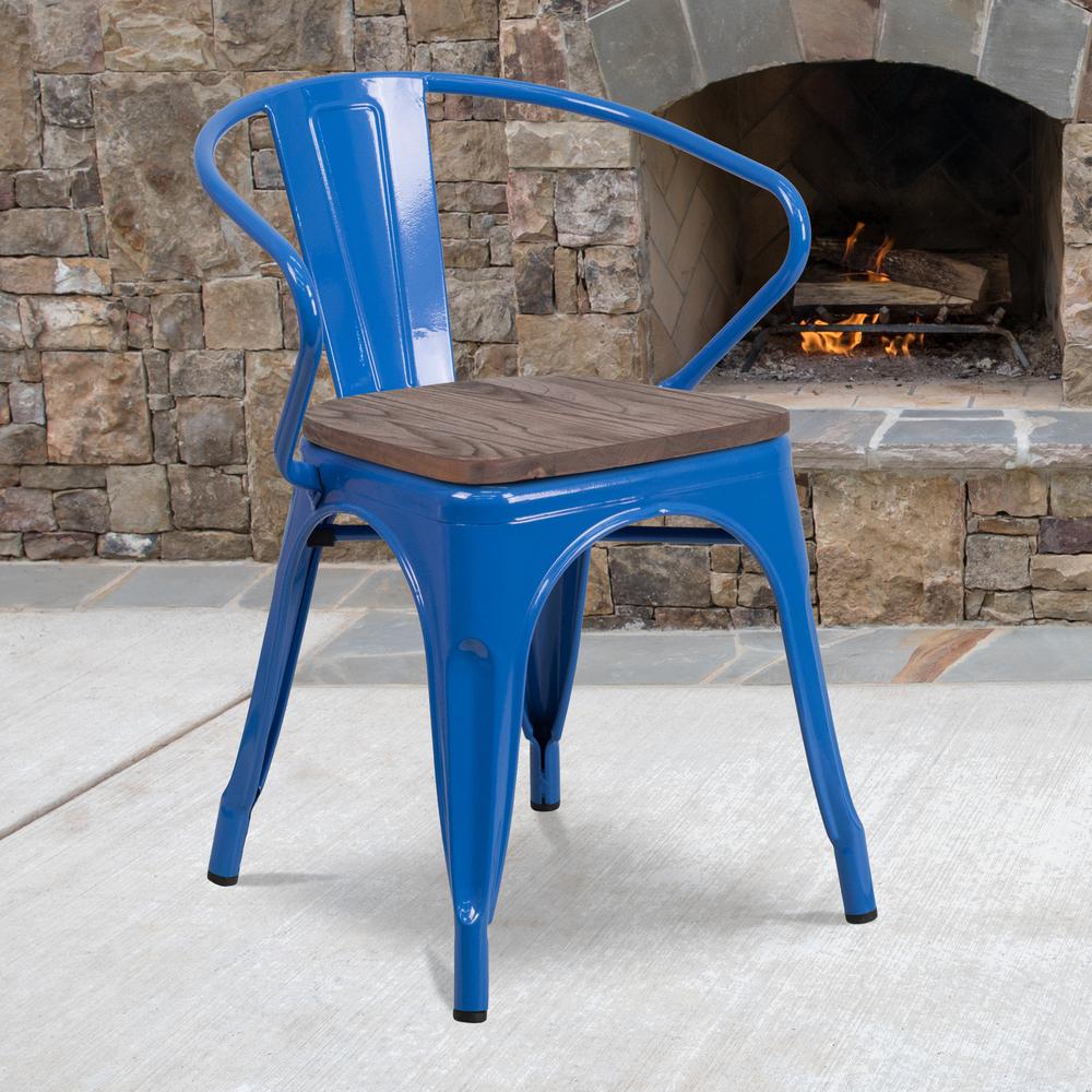 Blue Metal Chair with Wood Seat and Arms. Picture 5