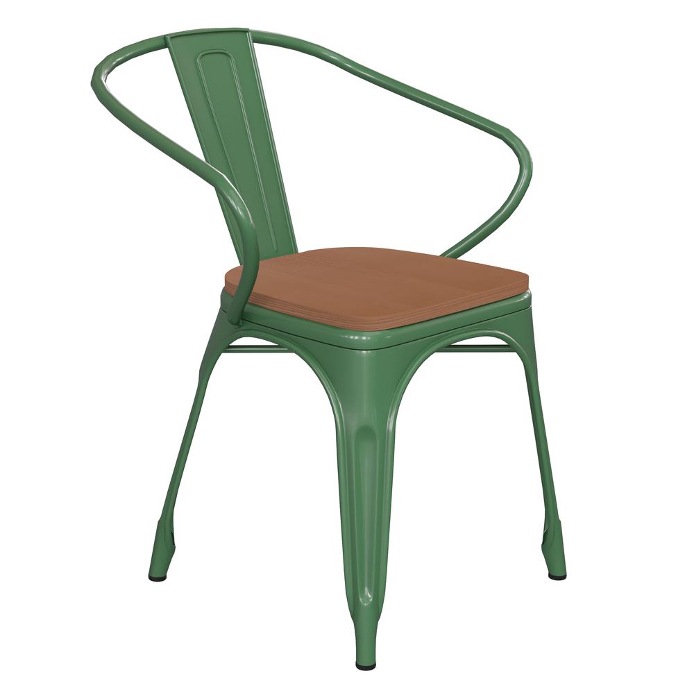 Green Metal Indoor-Outdoor Chair with Arms with Teak Poly Resin Wood Seat. Picture 2