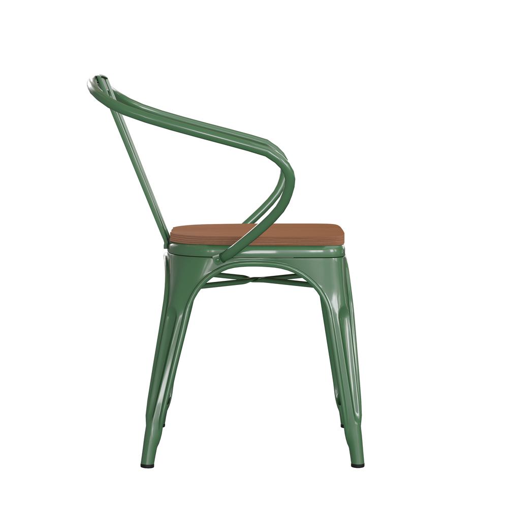 Green Metal Indoor-Outdoor Chair with Arms with Teak Poly Resin Wood Seat. Picture 10