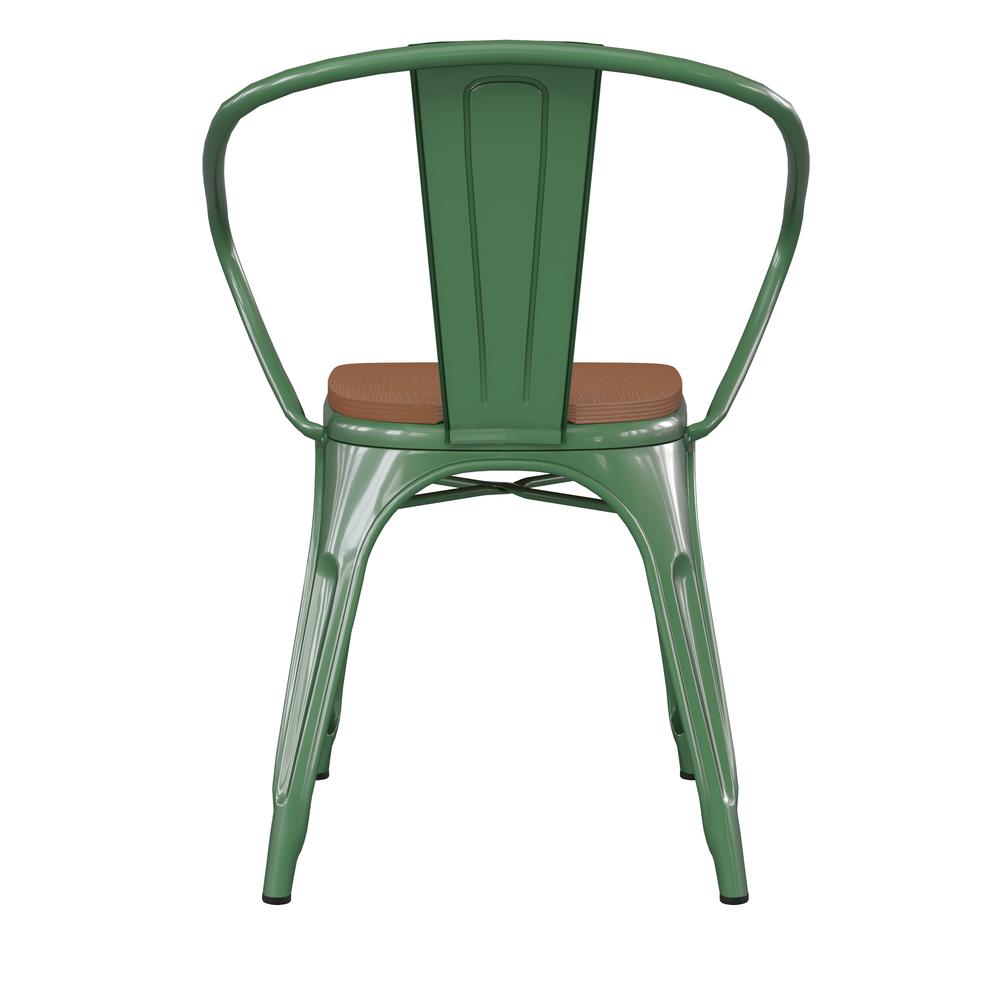 Green Metal Indoor-Outdoor Chair with Arms with Teak Poly Resin Wood Seat. Picture 9
