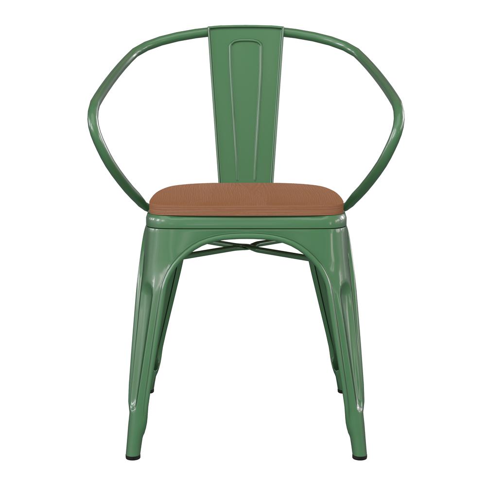 Green Metal Indoor-Outdoor Chair with Arms with Teak Poly Resin Wood Seat. Picture 11
