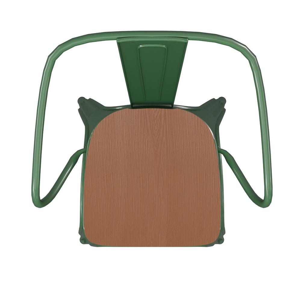 Green Metal Indoor-Outdoor Chair with Arms with Teak Poly Resin Wood Seat. Picture 12