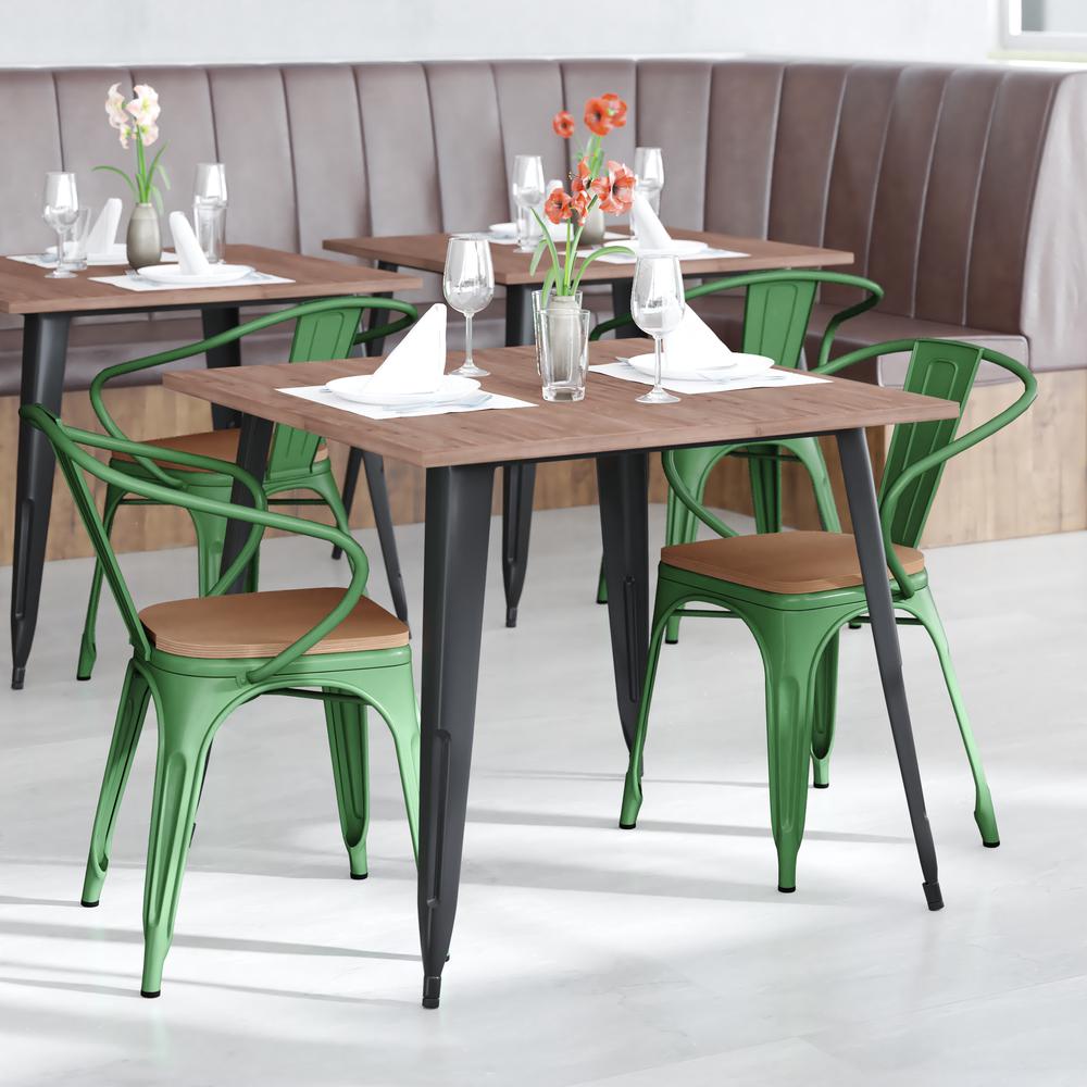 Green Metal Indoor-Outdoor Chair with Arms with Teak Poly Resin Wood Seat. Picture 1
