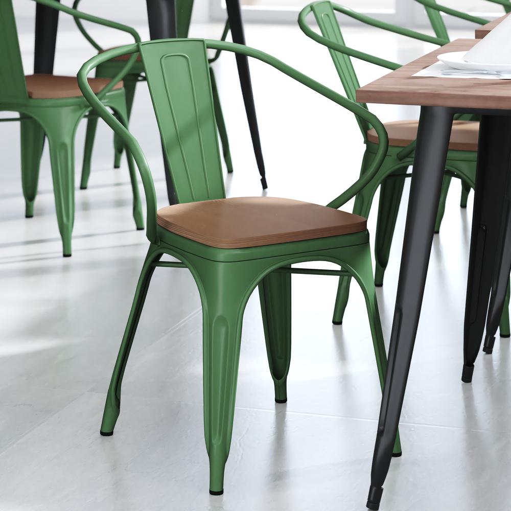 Green Metal Indoor-Outdoor Chair with Arms with Teak Poly Resin Wood Seat. Picture 7