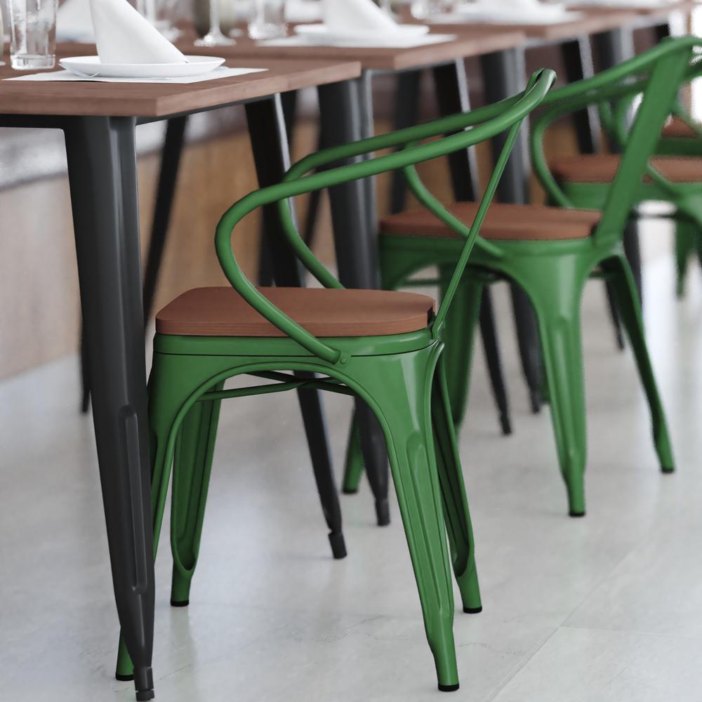 Green Metal Indoor-Outdoor Chair with Arms with Teak Poly Resin Wood Seat. Picture 8