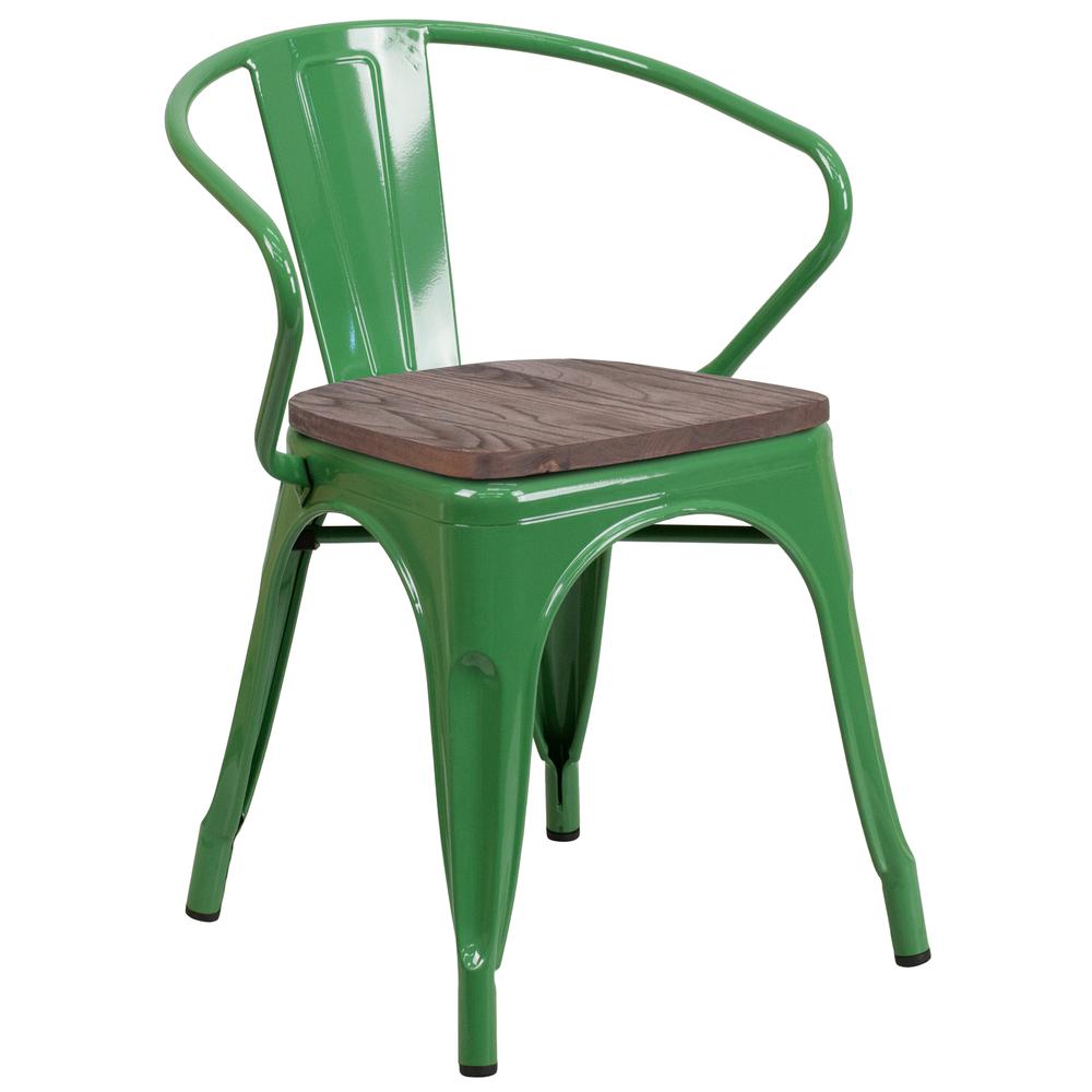 Green Metal Chair with Wood Seat and Arms. Picture 1