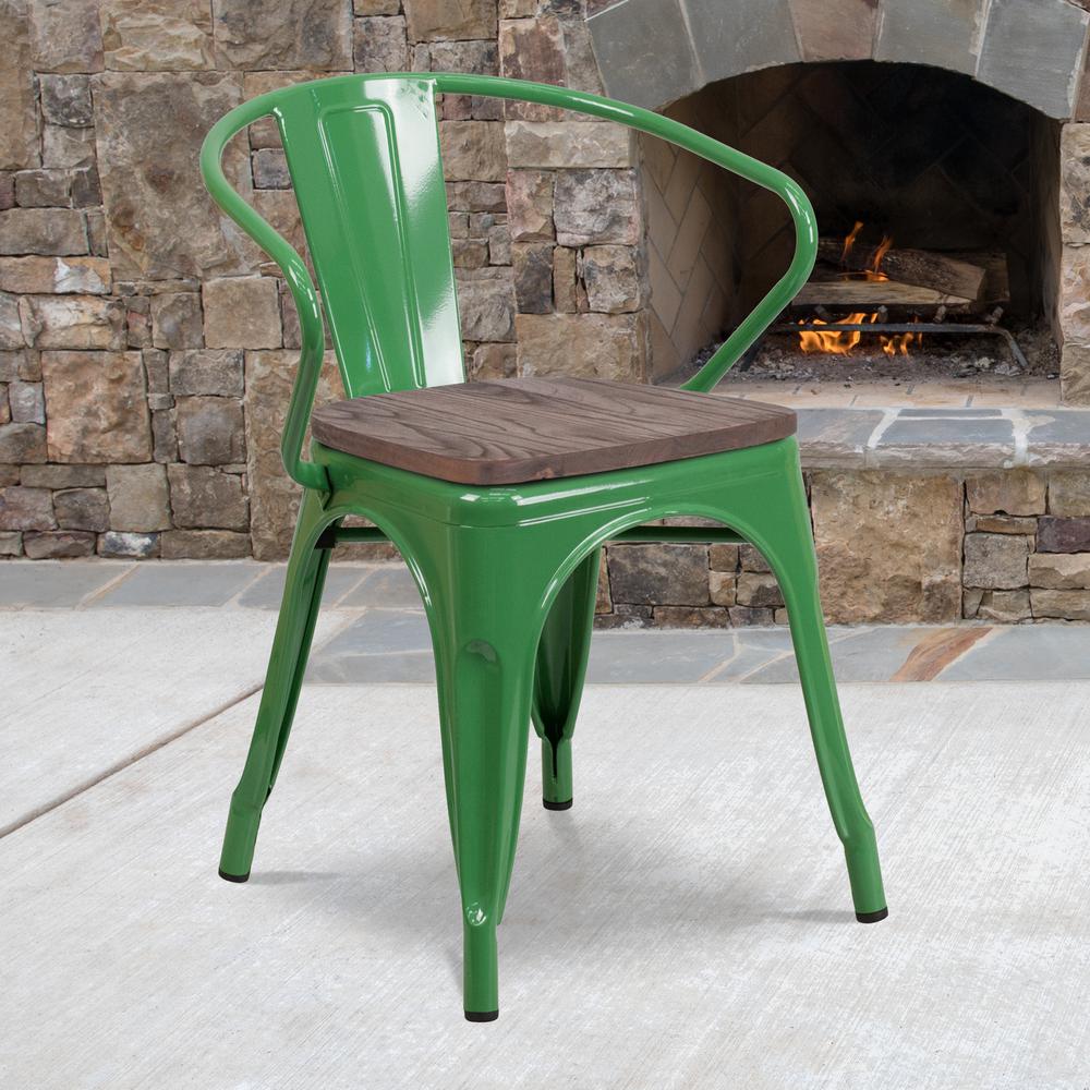 Green Metal Chair with Wood Seat and Arms. Picture 5