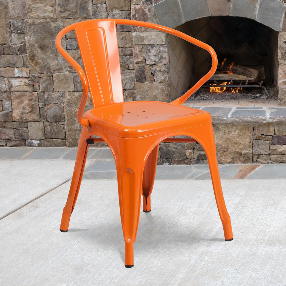 Commercial Grade Orange Metal Indoor-Outdoor Chair with Arms. Picture 6