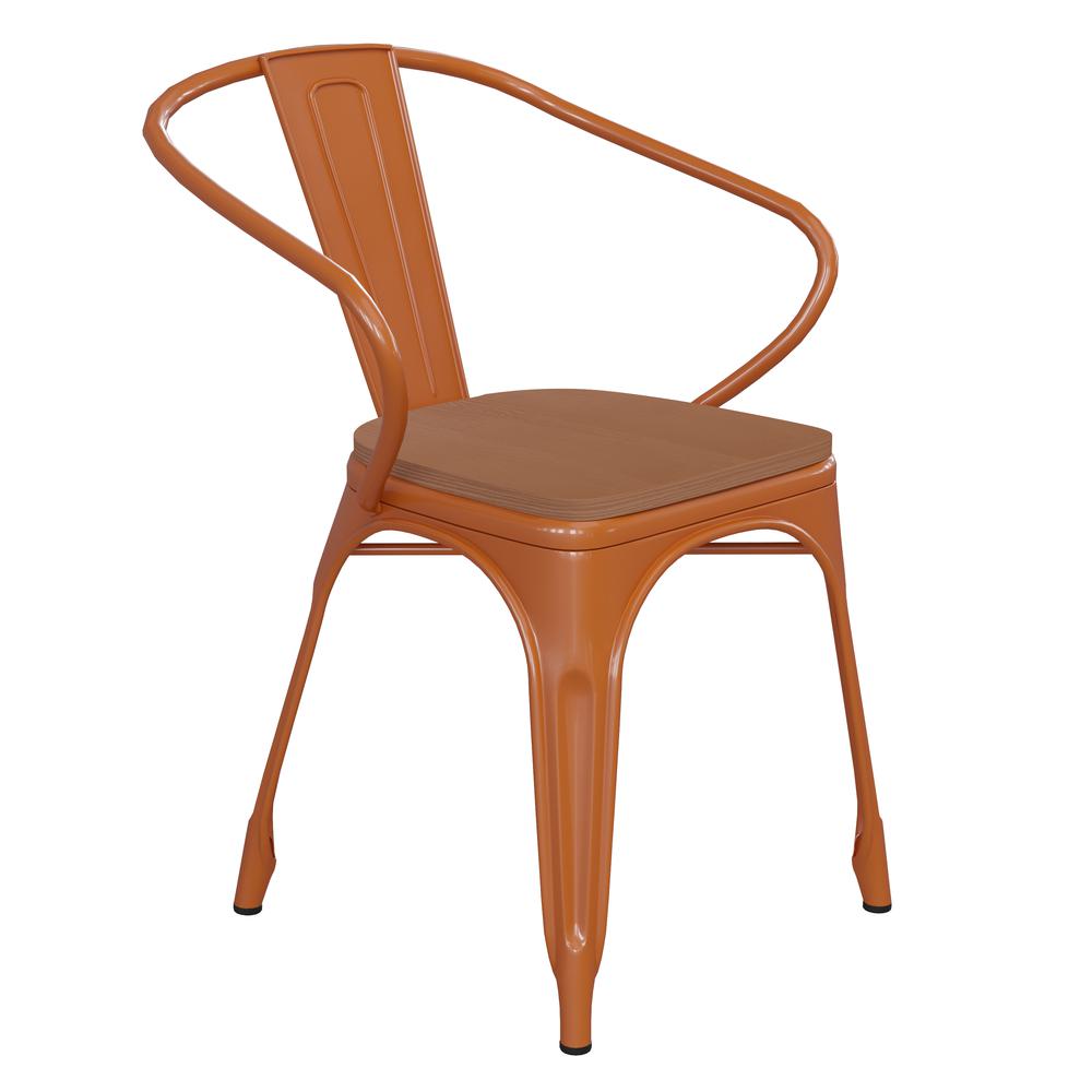 Orange Metal Indoor-Outdoor Chair with Arms with Teak Poly Resin Wood Seat. Picture 2
