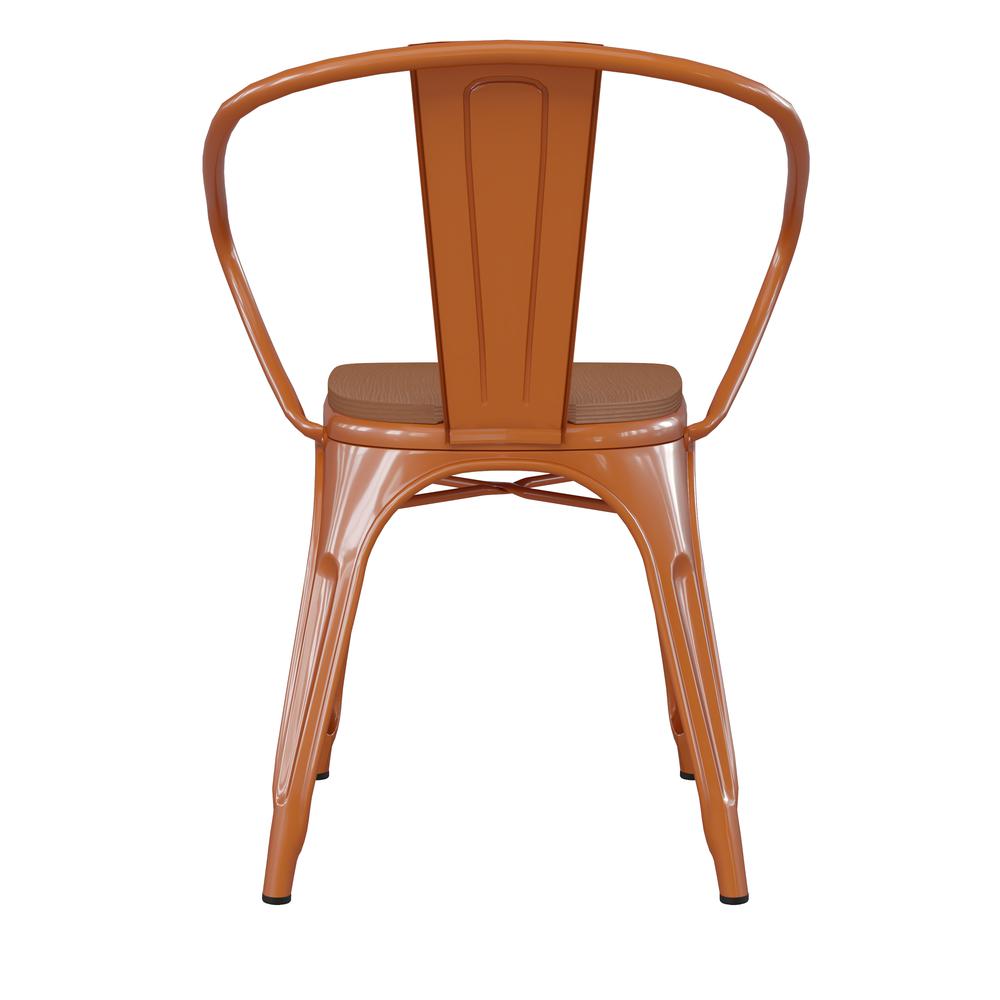 Orange Metal Indoor-Outdoor Chair with Arms with Teak Poly Resin Wood Seat. Picture 9