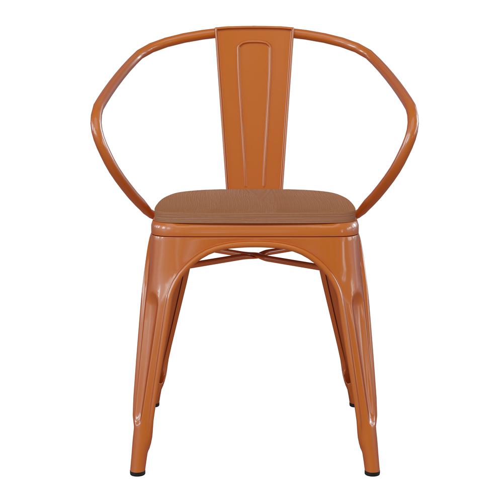 Orange Metal Indoor-Outdoor Chair with Arms with Teak Poly Resin Wood Seat. Picture 11